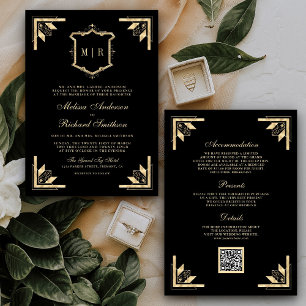 Gold Wappen Monogram QR Code Black Wedding Einladung