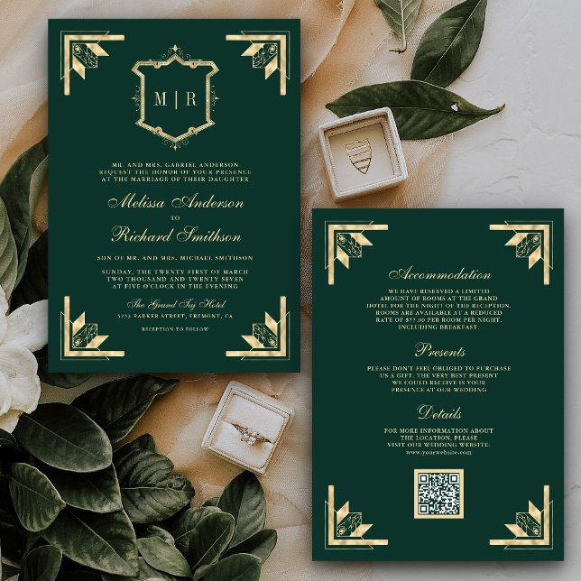 Gold Wappen Monogram QR Code Smaragdgrüne Hochzeit Einladung (Von Creator hochgeladen)