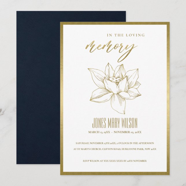 GOLD WASSER-LILY-BEILEID-MEMORIDIENST DANKESKARTE (Vorne/Hinten)