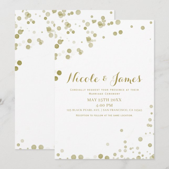 Gold Wasserfarben Punkte Moderne saubere Hochzeit Einladung (Vorne/Hinten)