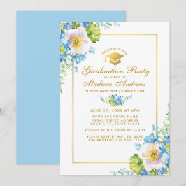 Gold Watercolor Blue Floral Grad Party Einladung B