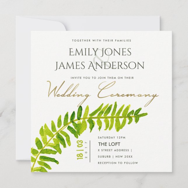 GOLD WATERCOLOR FERN FOLIAGE WEDD EINLADUNG (Vorderseite)
