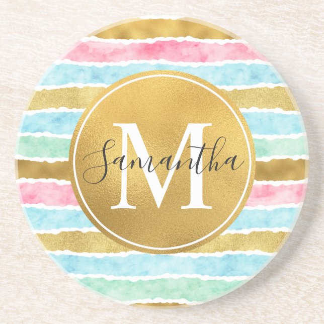 Gold Watercolor Stripes Monogram Getränkeuntersetzer (Vorne)
