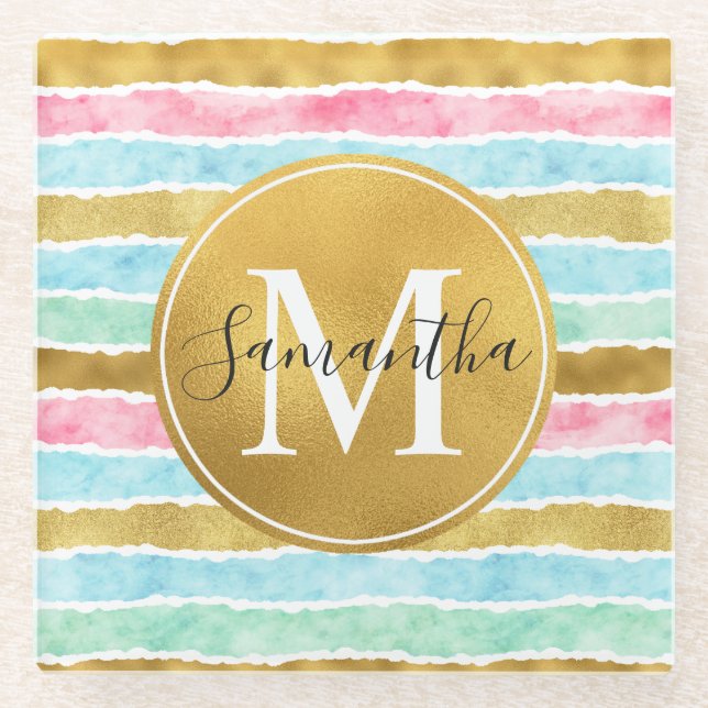 Gold Watercolor Stripes Monogram Glasuntersetzer (Vorderseite)