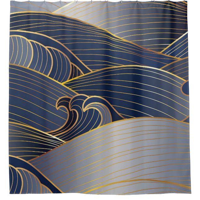 Gold Wave Lines, Abstrakt Vintag. Duschvorhang (Vorderseite)