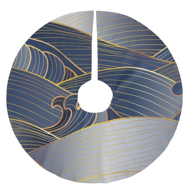 Gold Wave Lines, Abstrakt Vintag. Polyester Weihnachtsbaumdecke (Vorderseite)