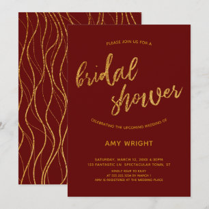Gold Waves Handwriting Burgundy Red Brautparty Einladung