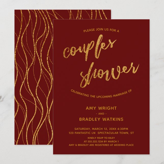 Gold Waves Handwriting Burgundy Red Couples Dusche Einladung (Vorne/Hinten)