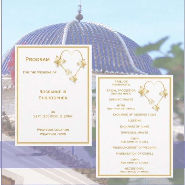 Gold Wedding Church Program Butterfys Herz Programm (Gold wedding church program butterflies heart design)