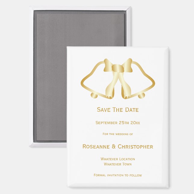 Gold Wedding Enregistrer La Date Magnet Bells Ribb (Recto/Verso)