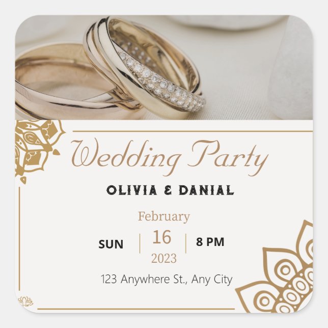 Gold Wedding Foil mit Ringen Wedding Einladung Quadratischer Aufkleber (Vorderseite)