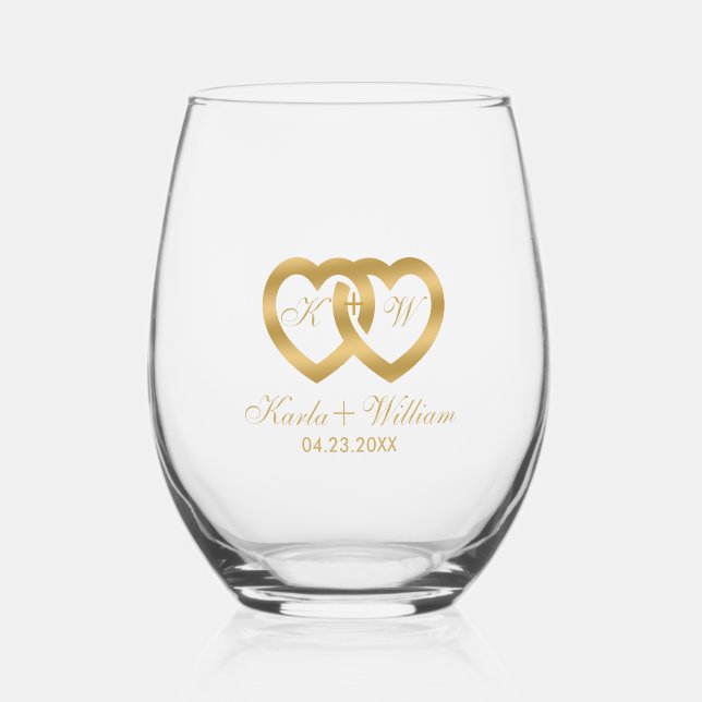 Gold Wedding Hearts, Herz Custom Typografy Weinglas Ohne Stiel (Vorderseite)