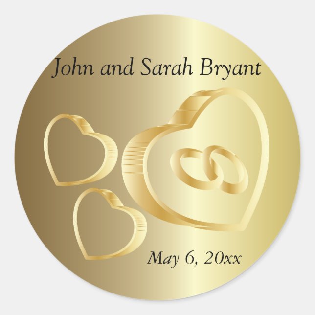 Gold Wedding Hearts und Rings | Personalisieren Runder Aufkleber (Vorderseite)