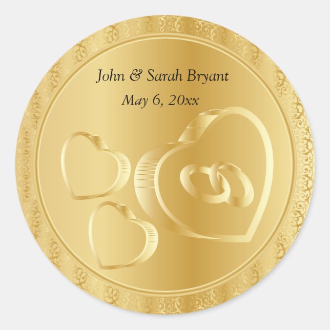 Gold Wedding Hearts und Rings Runder Aufkleber (Vorderseite)
