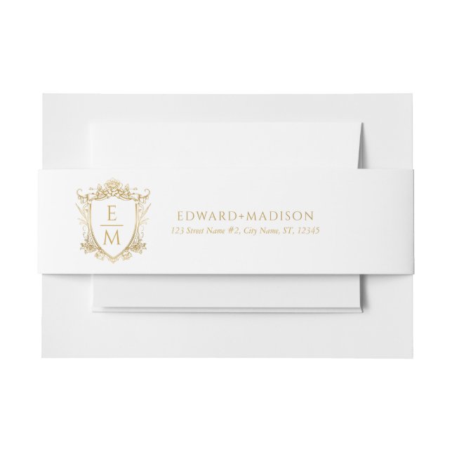 Gold Wedding Initials & Wedding Floral Wappen Einladungsbanderole (Vorderseite Beispiel)