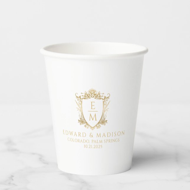 Gold Wedding Initials & Wedding Floral Wappen Pappbecher (Vorderseite)