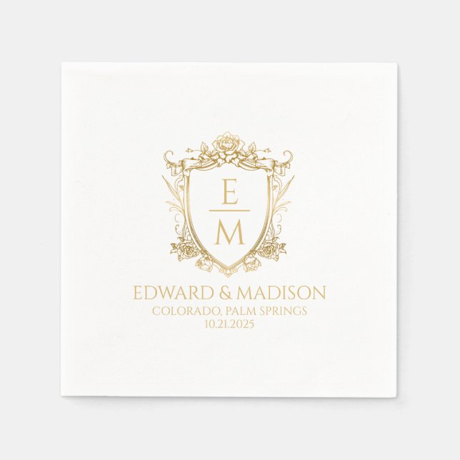 Gold Wedding Initials & Wedding Floral Wappen Serviette (Vorderseite)