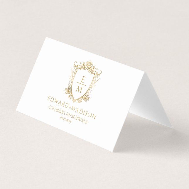 Gold Wedding Initials & Wedding Floral Wappen Visitenkarten (Vorderseite)