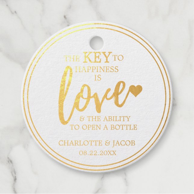 GOLD Wedding Key to Happy ist LIEBE Open Flasche Geschenkanhänger (Vorderseite)