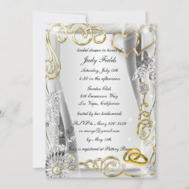 Gold Wedding Rings and Hearts Brautparty laden ein Einladung