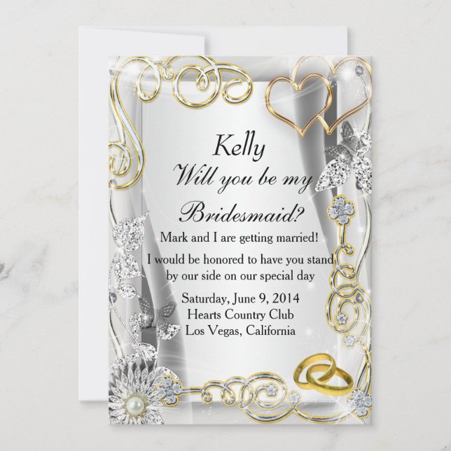 Gold Wedding Rings and Hearts Bridesmaid Card Einladung (Vorderseite)