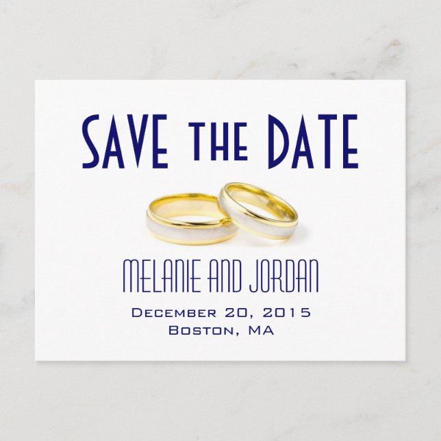 Gold Wedding Rings Blue Save the Date Postkarten (Vorderseite)