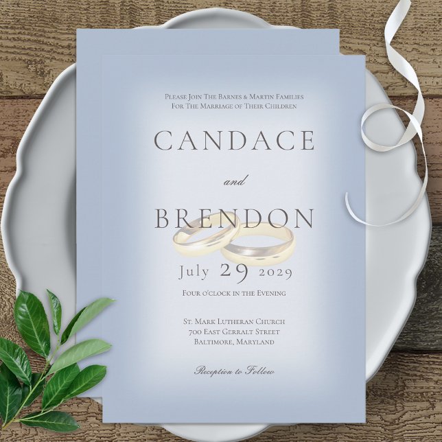 Gold Wedding Rings on Blue Wedding Einladung (Von Creator hochgeladen)