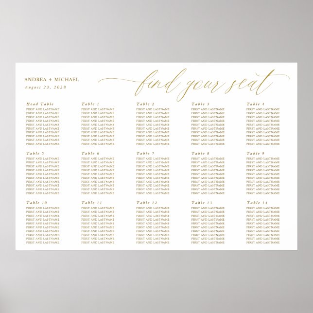 Gold Wedding Seating Chart Elegante Kalligrafie Poster (Vorne)