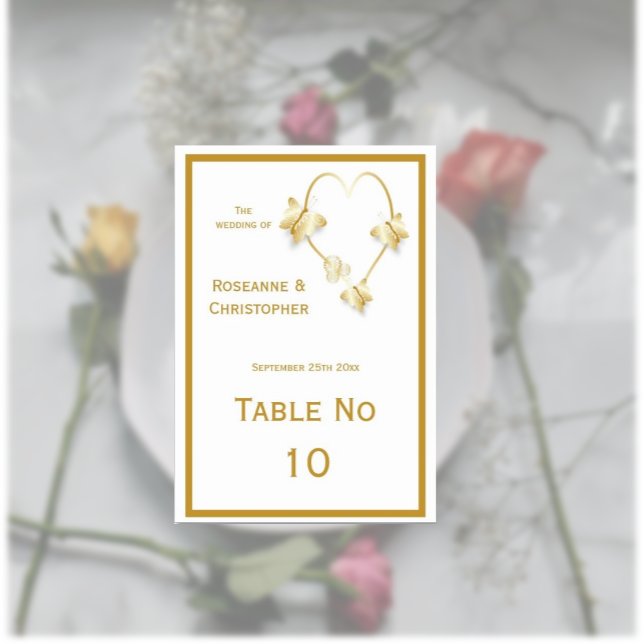 Gold Wedding Table Butterfly Herz Tischnummer (Gold wedding table number card butterflies heart design)
