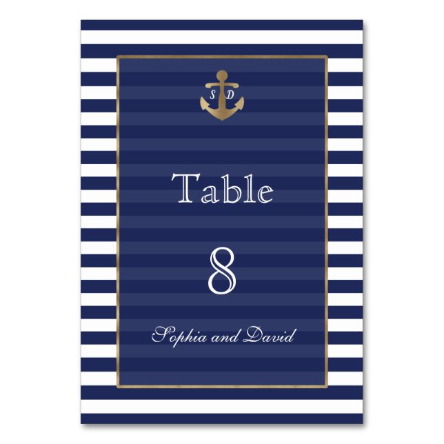 Gold-WeddingTable-Nummer für Nautic Navy Stripes Tischnummer (Vorderseite)