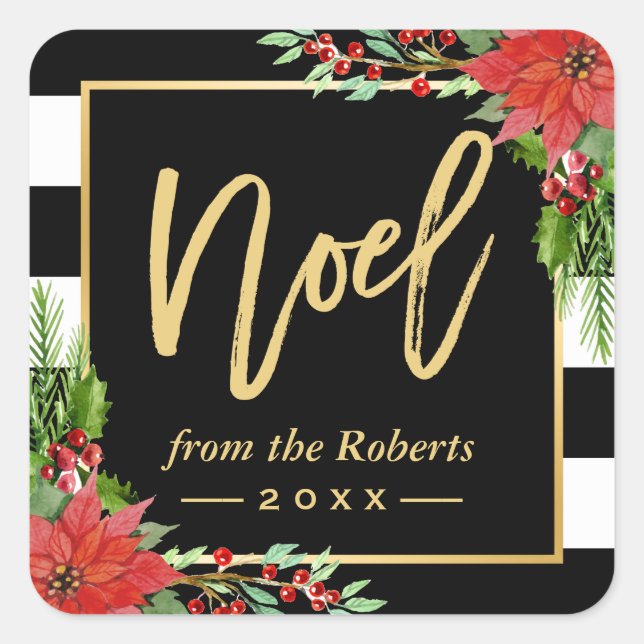 Gold Weihnachten Script Weihnachten Poinsettia Blu Quadratischer Aufkleber (Vorderseite)