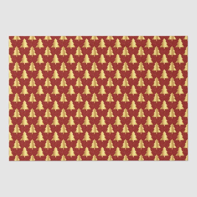 Gold Weihnachtsbaum Nahtloses Muster auf Rot Seidenpapier (Vorderseite)
