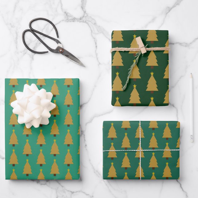 Gold Weihnachtsbaum und Stern auf Grün Geschenkpapier Set (Vorderseite)