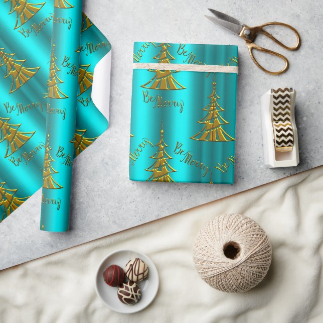 Gold Weihnachtsbaumen Be Merry Aqua Weihnachten Geschenkpapier (Kunsthandwerk)