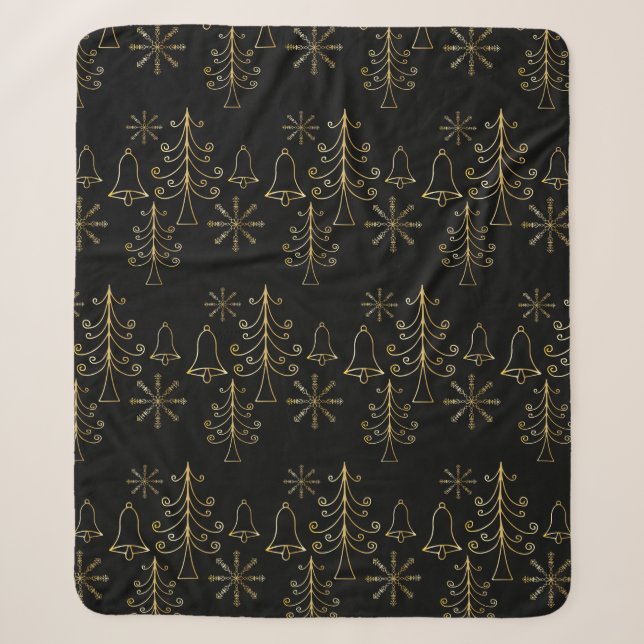 Gold Weihnachtsbaumglocke und Snowflake Muster Sherpadecke (Vorderseite)