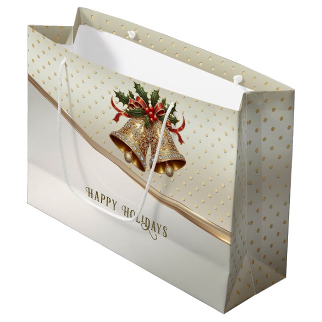 Gold Weihnachtsglocke Weihnachtsgeschenk Tasche Große Geschenktüte (Vorderseite Schrägansicht)