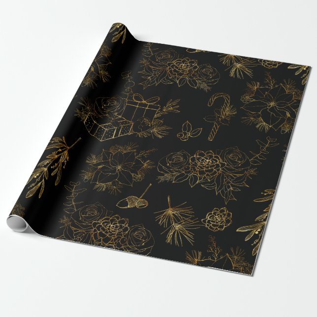 Gold Weihnachtsmuster Geschenkpapier (Ungerollt)