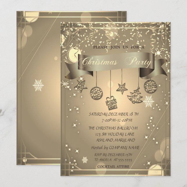 Gold, Weihnachtsschmuck Unternehmen Weihnachtsfest Einladung (Vorne/Hinten)