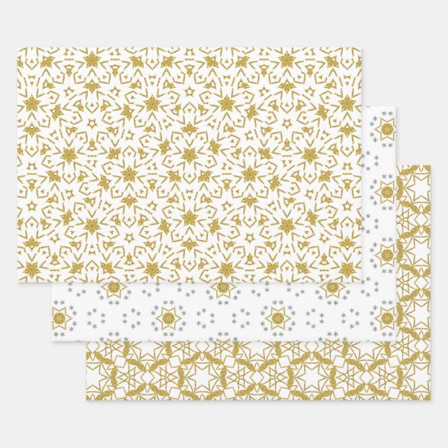 Gold Weihnachtsstars Luxus Muster Gelb Geschenkpapier Set (Set)