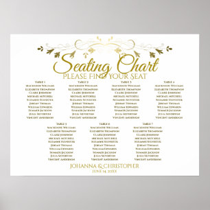 Gold & Weiß Elegante 7-Tisch-Hochzeits-Sitzordnung Poster