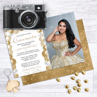 Gold Weiß Glitzer Foto Quinceañera Luftballon Einladung