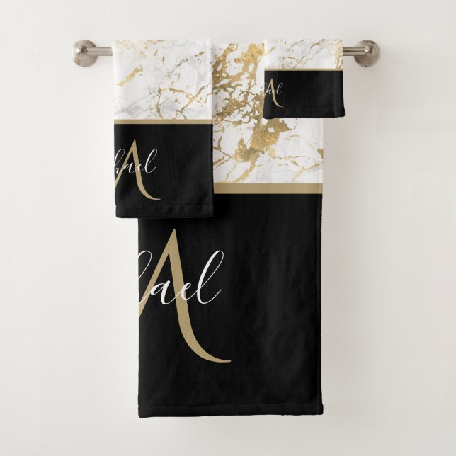 Gold & Weiß Marmor mit Schwarz Monogram Luxus Badhandtuch Set (Insitu)