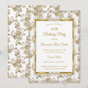 Gold Weiß Perle Vintage Damast Rose Geburtstag Einladung