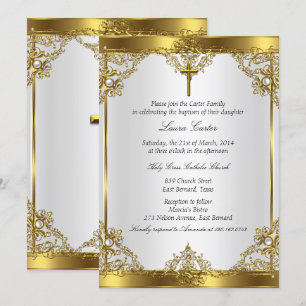 Gold Weiß Perlen Kreuz Taufe Christening 2 Einladung