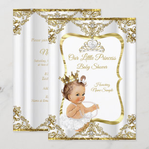 Gold Weiß Perlen Prinzessin Baby Shower Brünette Einladung