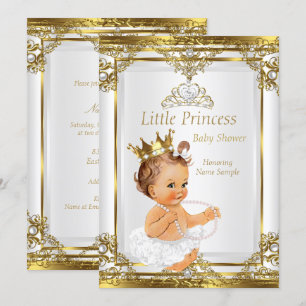 Gold Weiß Perlen Prinzessin Baby Shower Brünette Einladung