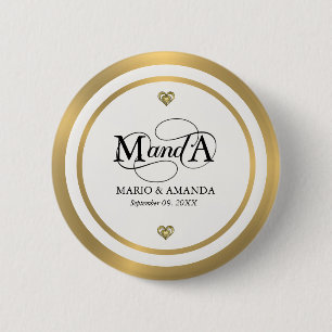 Gold Weiß Personalisiertes Hochzeitsmonogramm Button