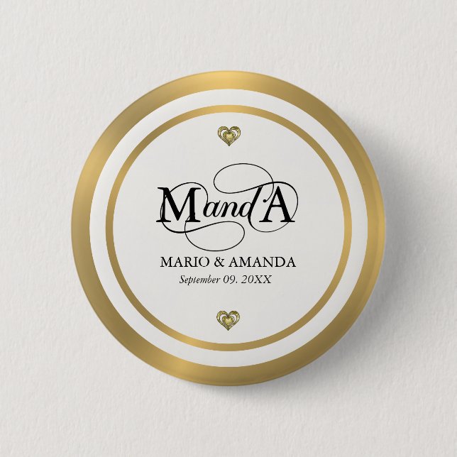 Gold Weiß Personalisiertes Hochzeitsmonogramm Button (Vorderseite)