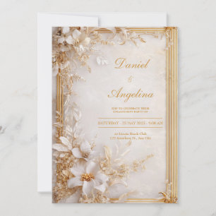 Gold Weiße Florale Marmor Glamouröse Hochzeit Einladung