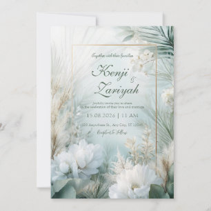 Gold Weiße Päonien Pampasgras Tropische Hochzeit Einladung